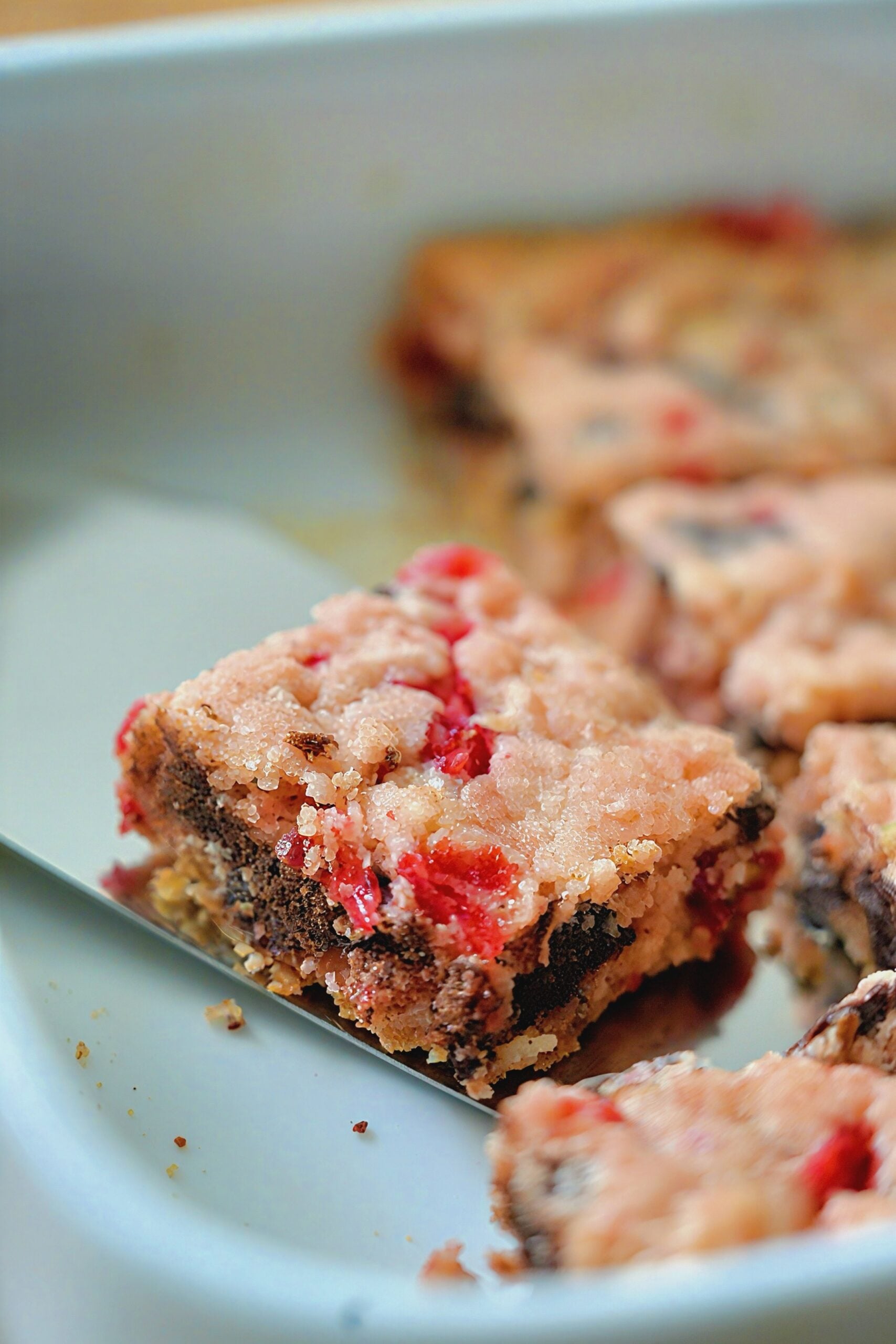 Single Swiss Treat cookie bar showing its chewy texture with chocolate chips, coconut, and nuts.