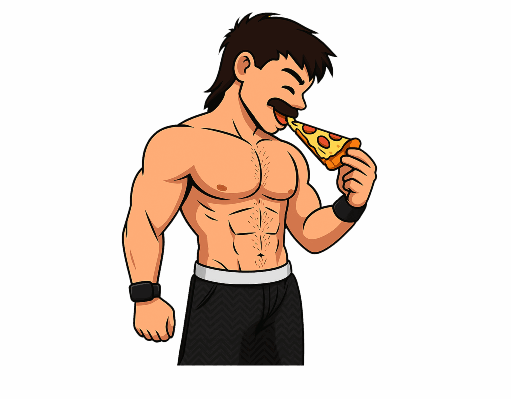 BakedLean anime character enjoying a slice of pizza with a relaxed, playful expression.