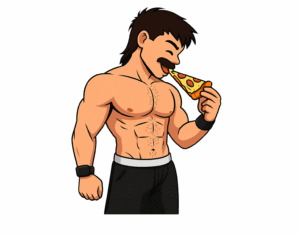 BakedLean anime character enjoying a slice of pizza with a relaxed, playful expression.