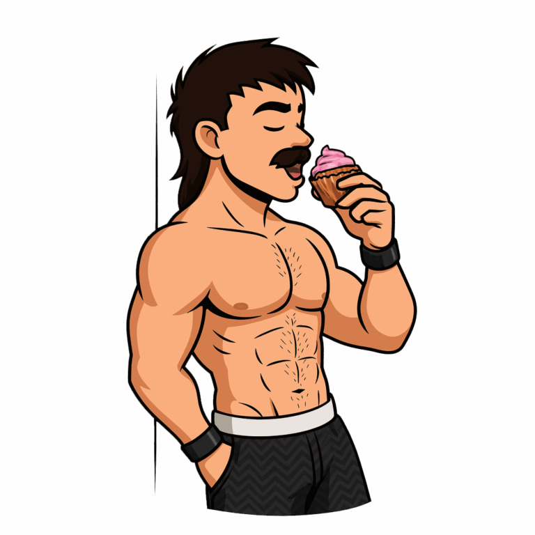 Animated BakedLean character with short dark hair and a mustache enjoying a cupcake while leaning casually against a wall.