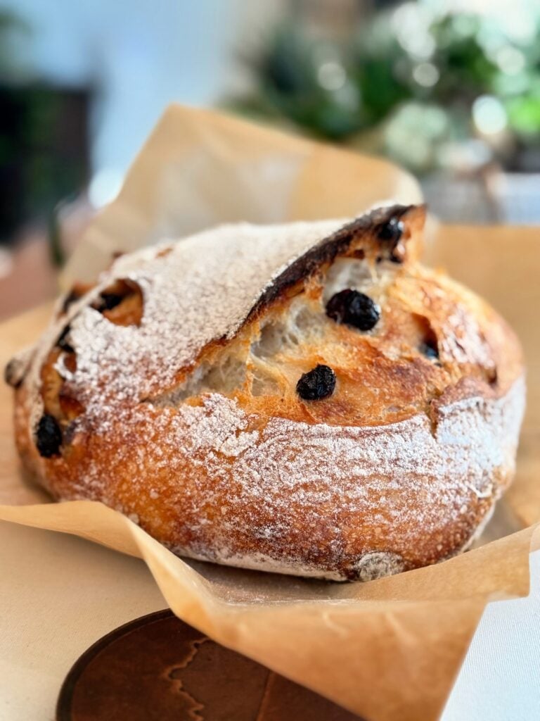 Freshly baked orange cranberry sourdough bread with golden crust, studded with dried cranberries and orange zest.