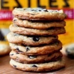 Soft, chewy high-protein chocolate chip cookies fresh from the oven with melted chocolate chips on top.
