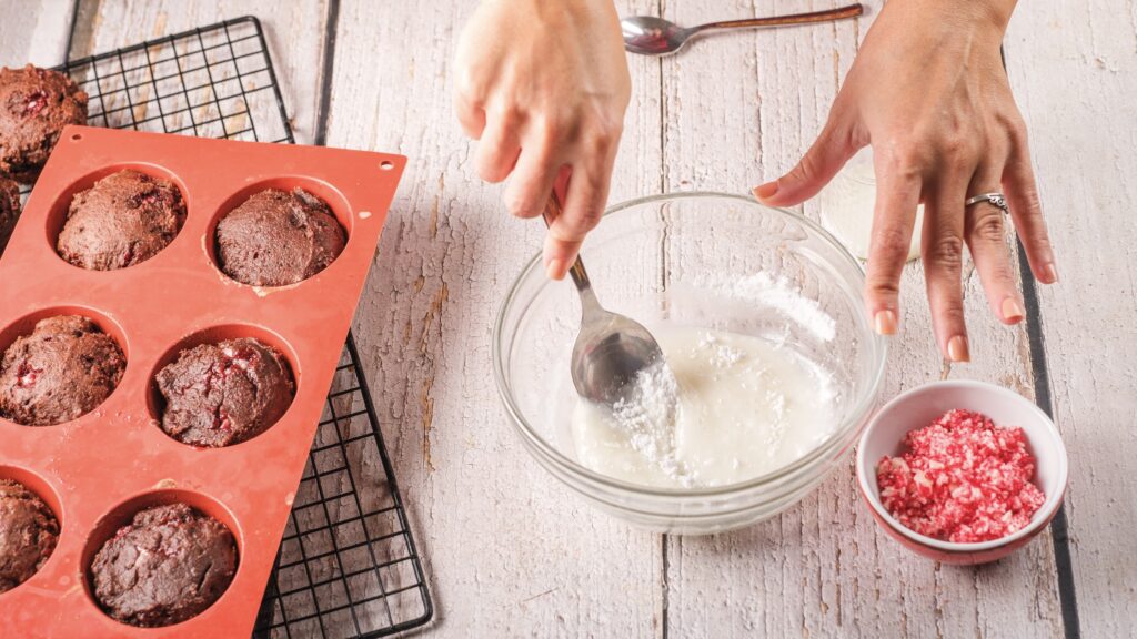 glazing peppermint cottage cheese muffins with icing