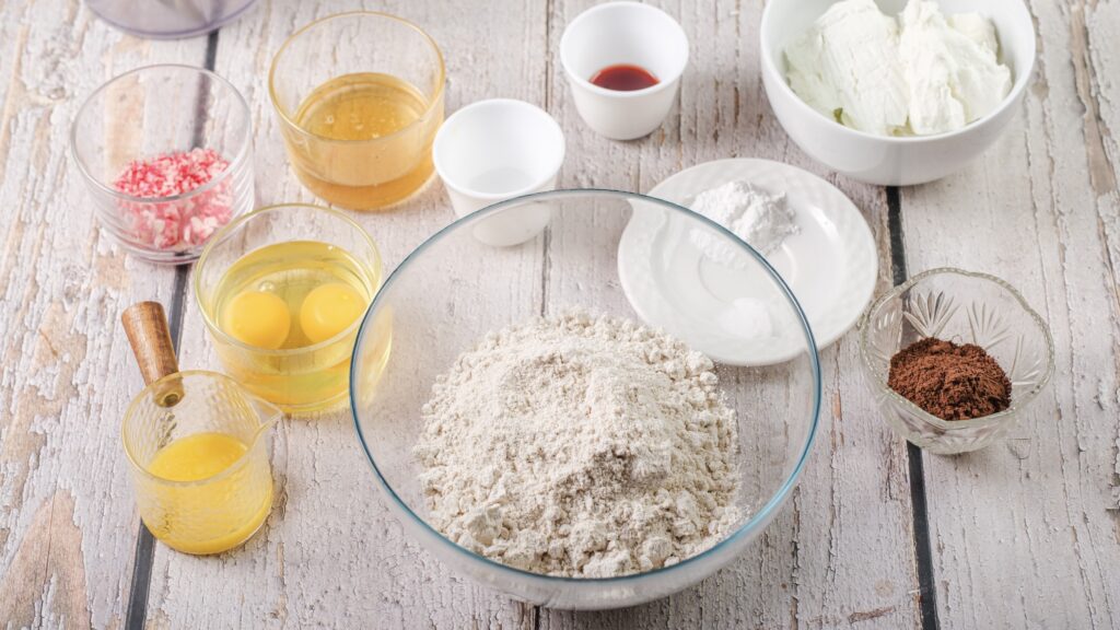 ingredients for peppermint cottage cheese muffins arranged on table