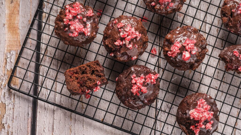 peppermint cottage cheese muffins cooling on a wire rack