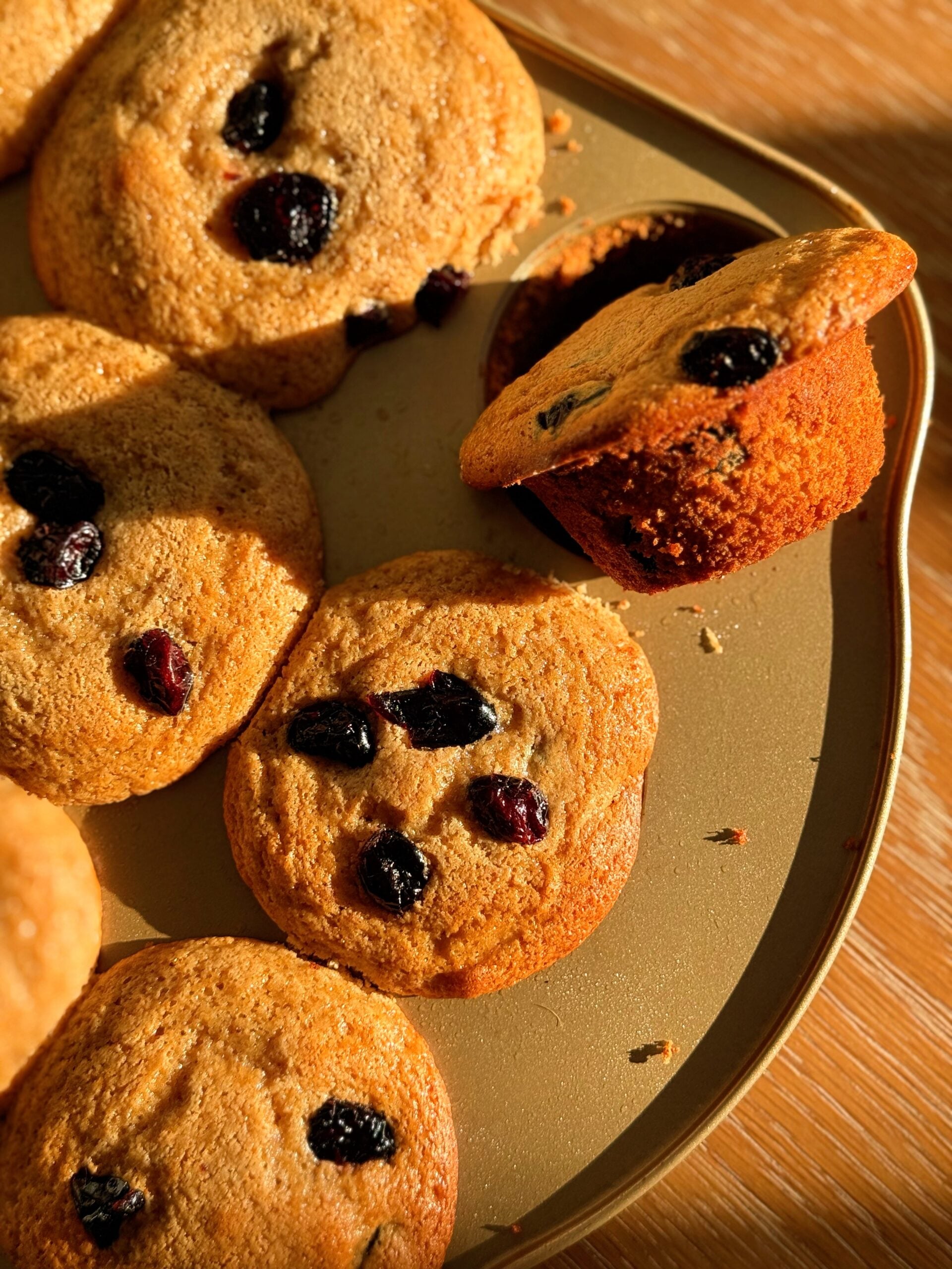 Close-up of freshly baked cranberry protein muffins still in the muffin tin