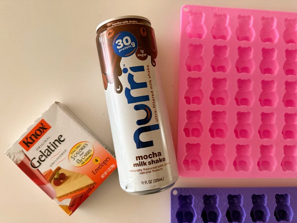 ingredients for protein shake gummies including gelatin and Nurri mocha shake
