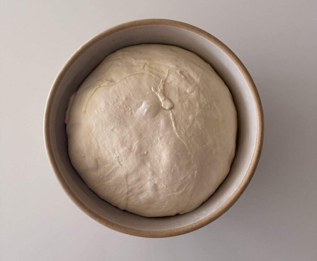 Smooth risen focaccia dough resting in a bowl after its first proof.