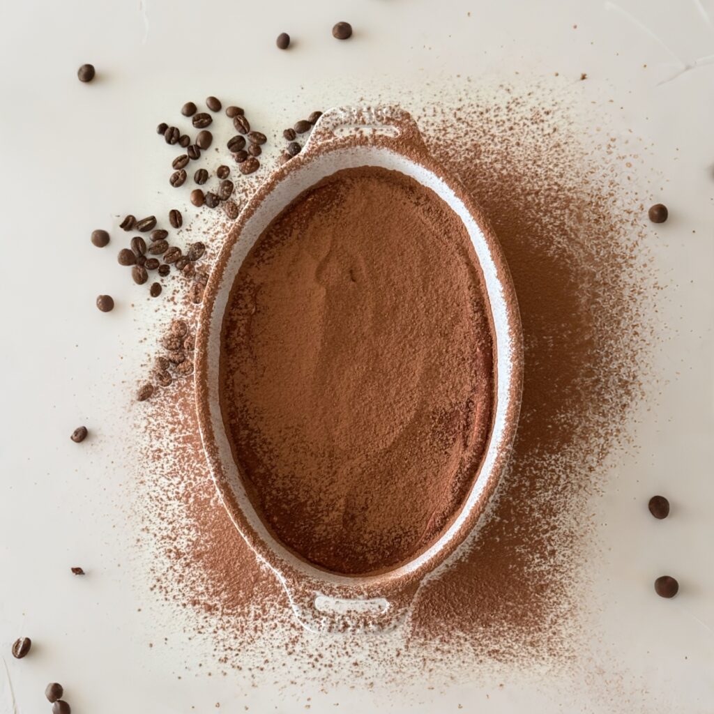 Tiramisu overnight oats sprinkled with cocoa powder in an oval dish.