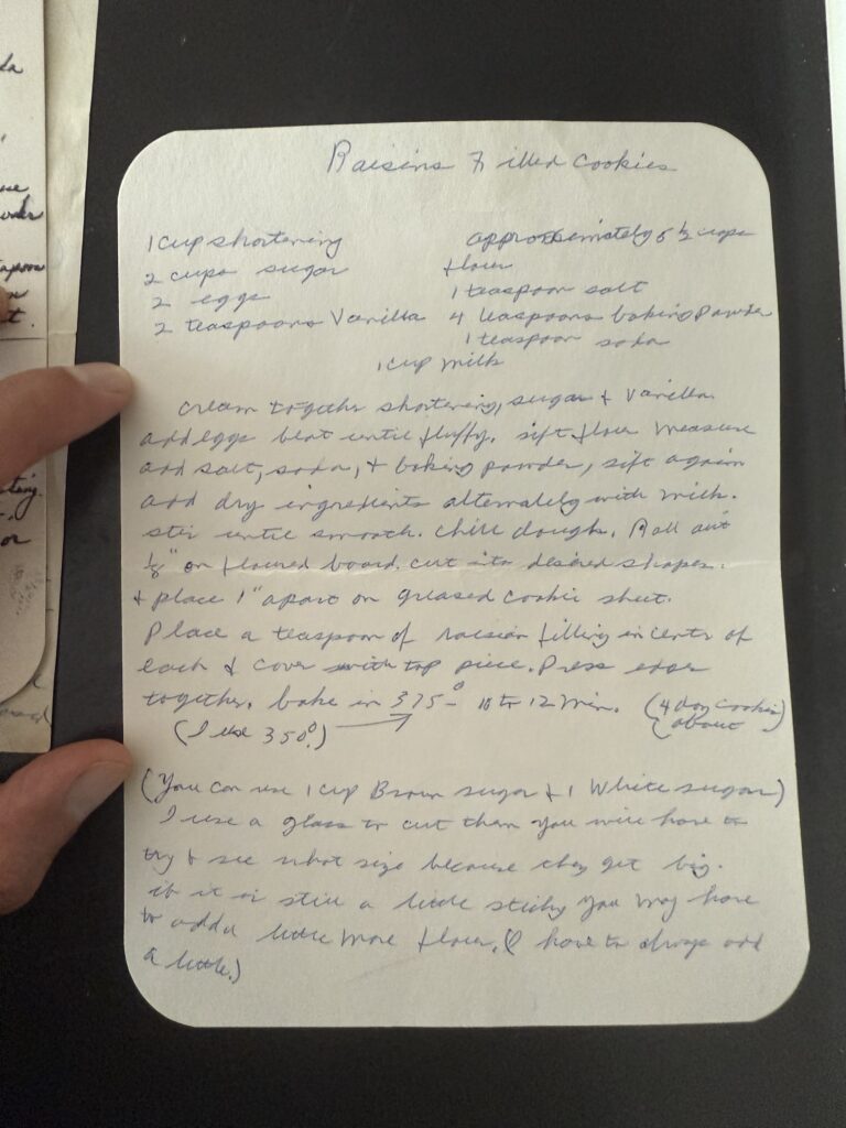 Handwritten vintage recipe card for old-fashioned raisin filled cookies.