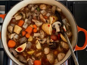 Vegetables added to beef and lamb stew during cooking