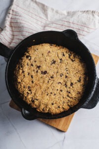 Fully baked chocolate chip skillet cookie overhead