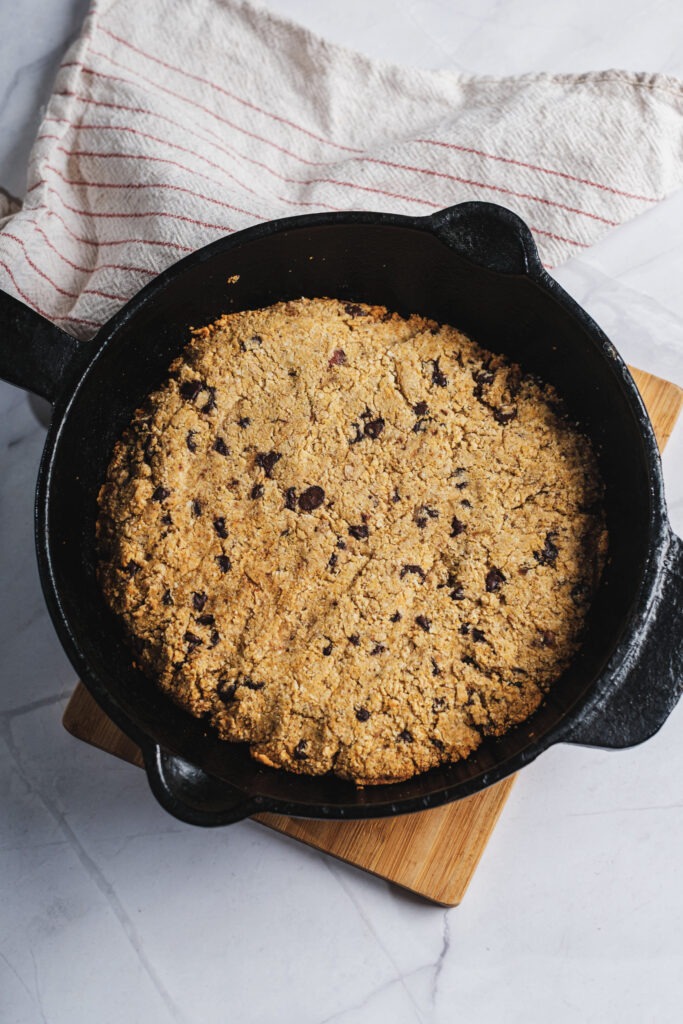 Fully baked chocolate chip skillet cookie overhead