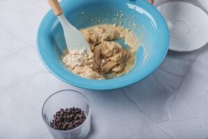 Vegan chocolate chip cookie dough with chocolate chips mixed in