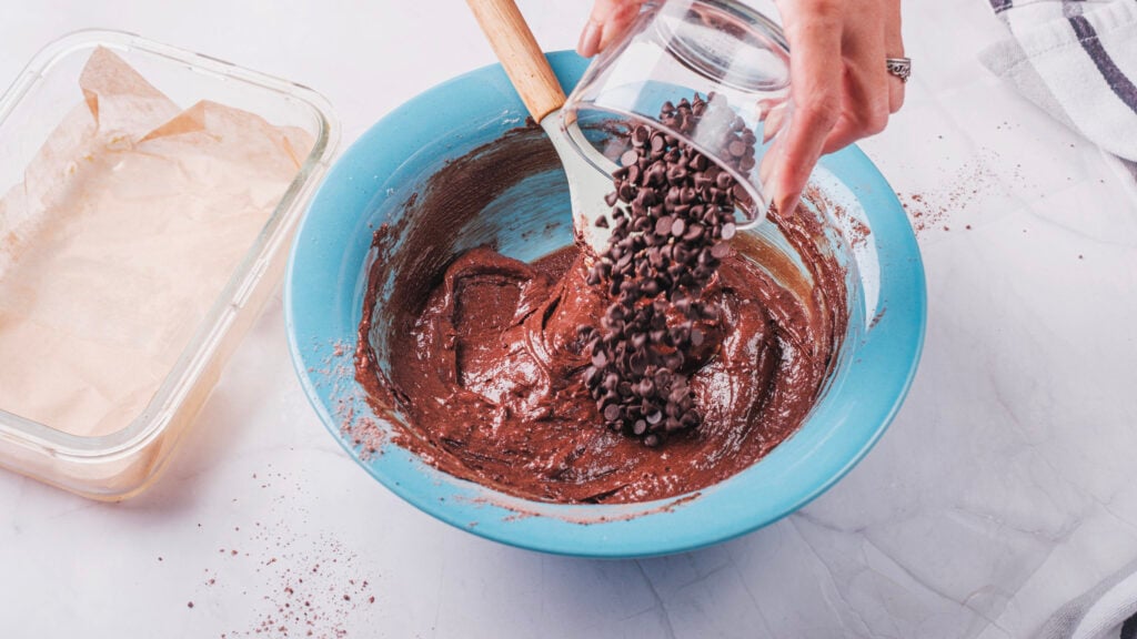 Chocolate chips folded into gluten free protein brownie batter