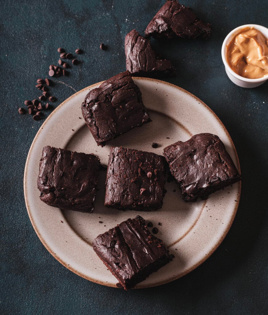 Overhead view of gluten free high protein brownies