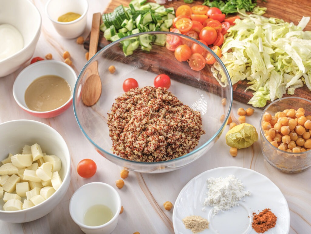 Protein-Packed Vegan Quinoa & Chickpea Super Salad with Crispy Tofu laid out