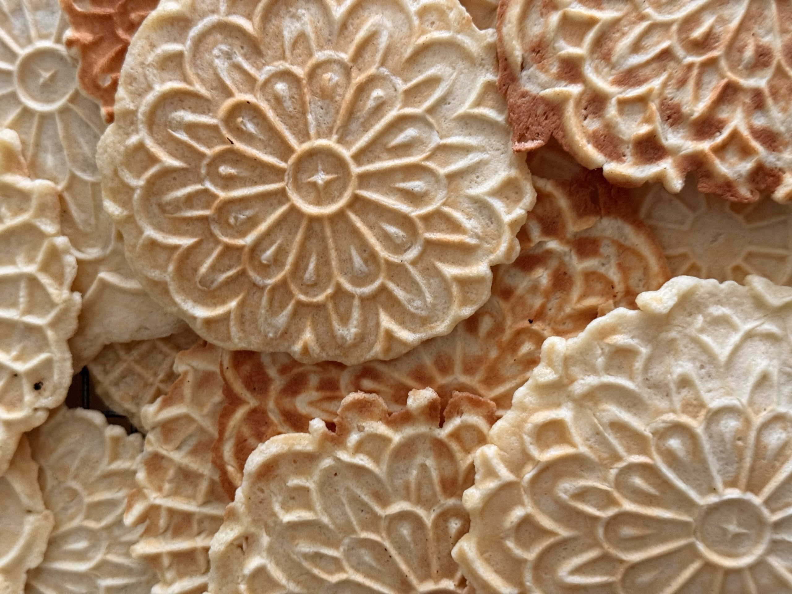 Close-up of high protein pizzelle cookies