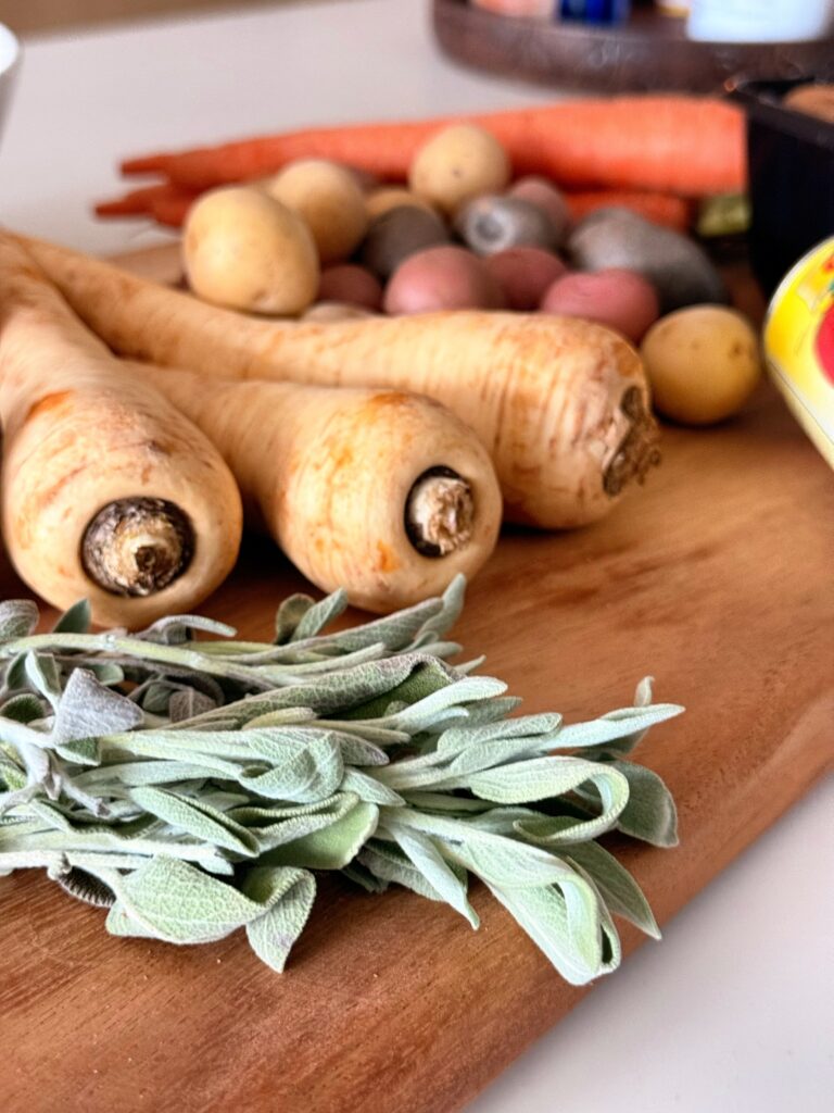 Parsnips, carrots, potatoes, and fresh sage for beef and lamb stew