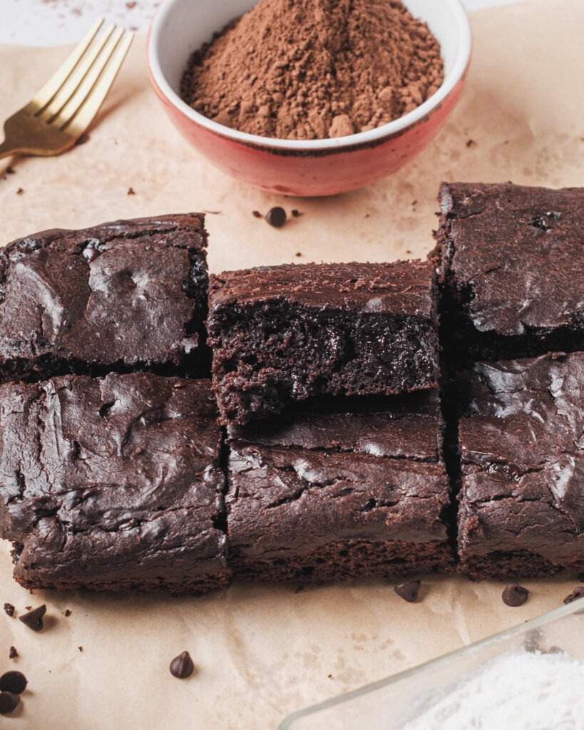 Gluten free high protein brownies sliced into squares