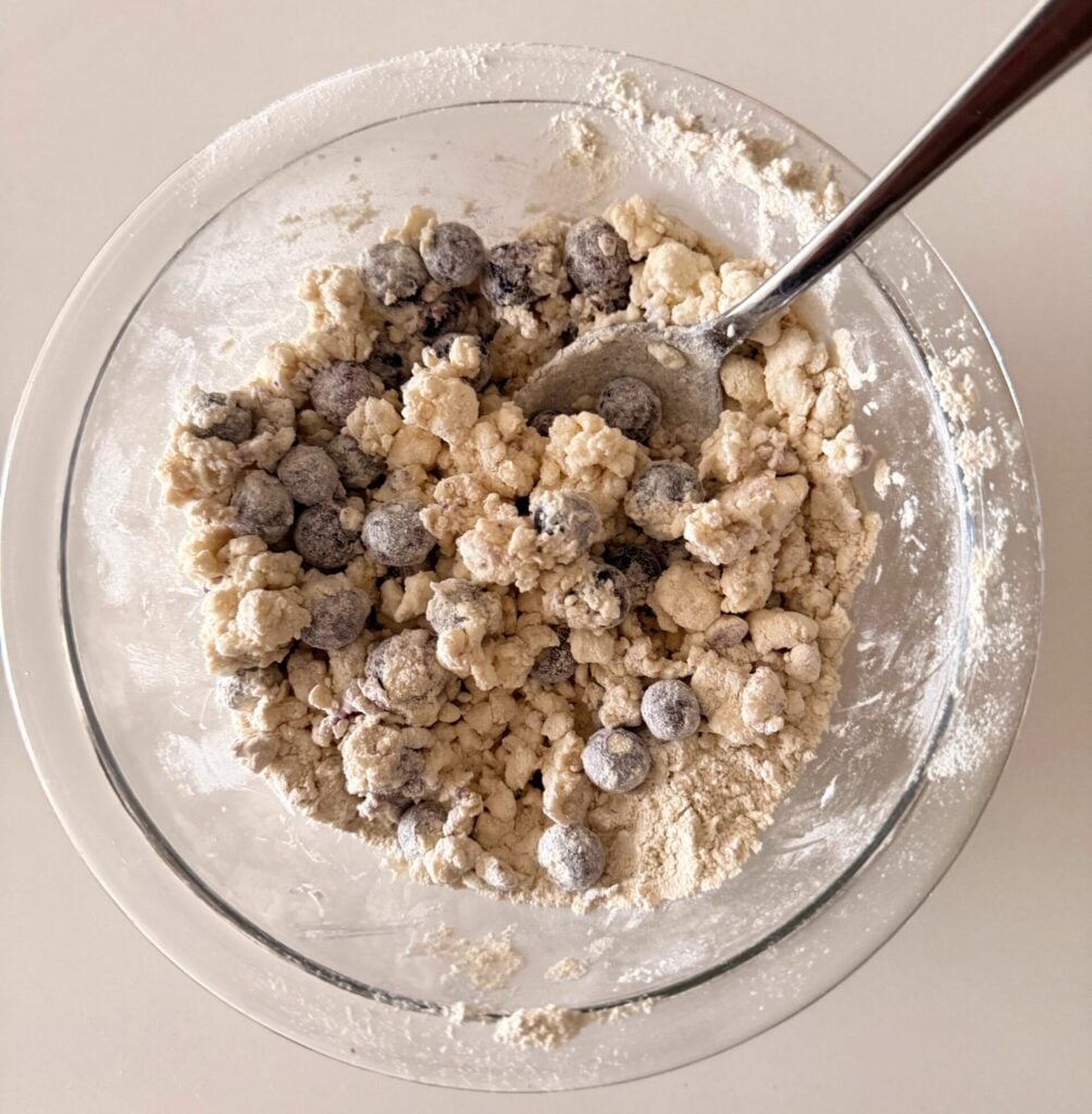 blueberry cottage cheese donut hole batter in mixing bowl