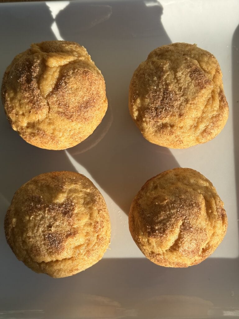 Freshly baked high protein snickerdoodle muffins cooling in a muffin tin