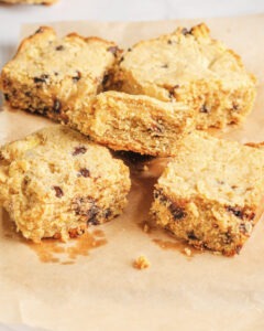 High-protein gluten-free blondies on parchment paper
