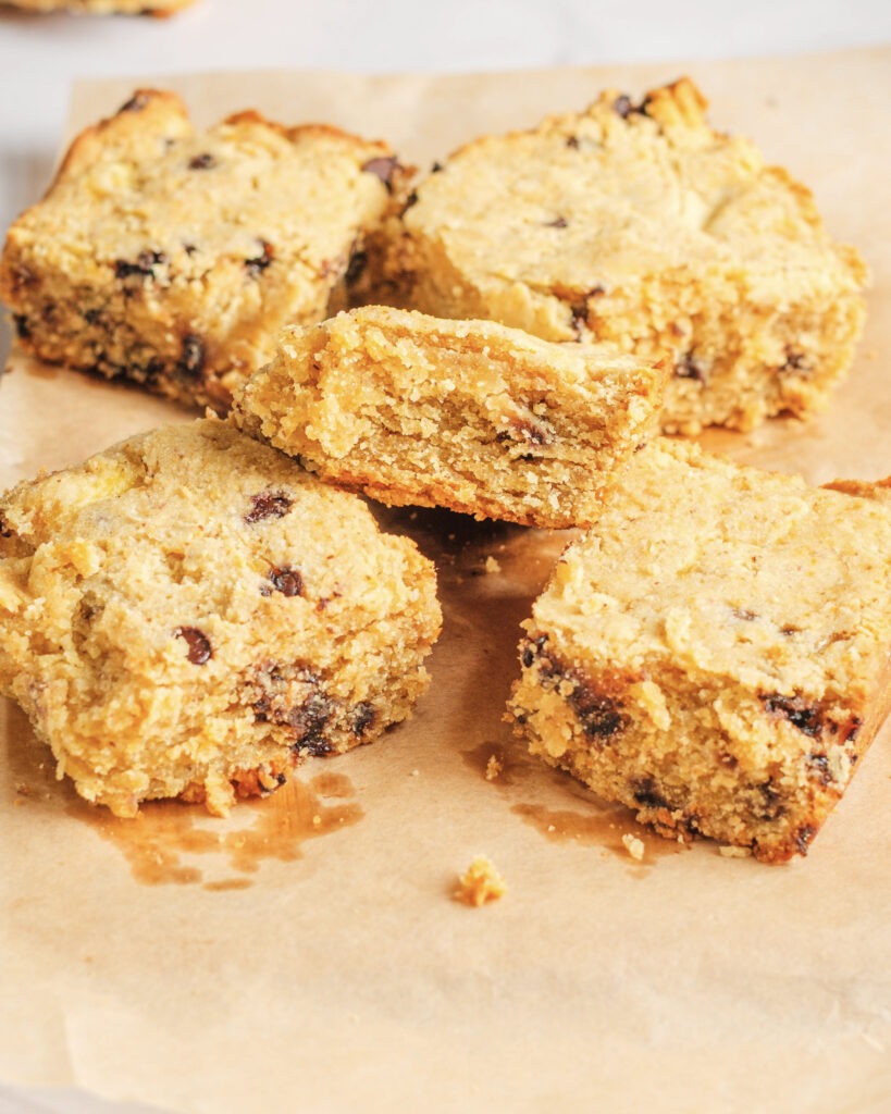 High-protein gluten-free blondies on parchment paper
