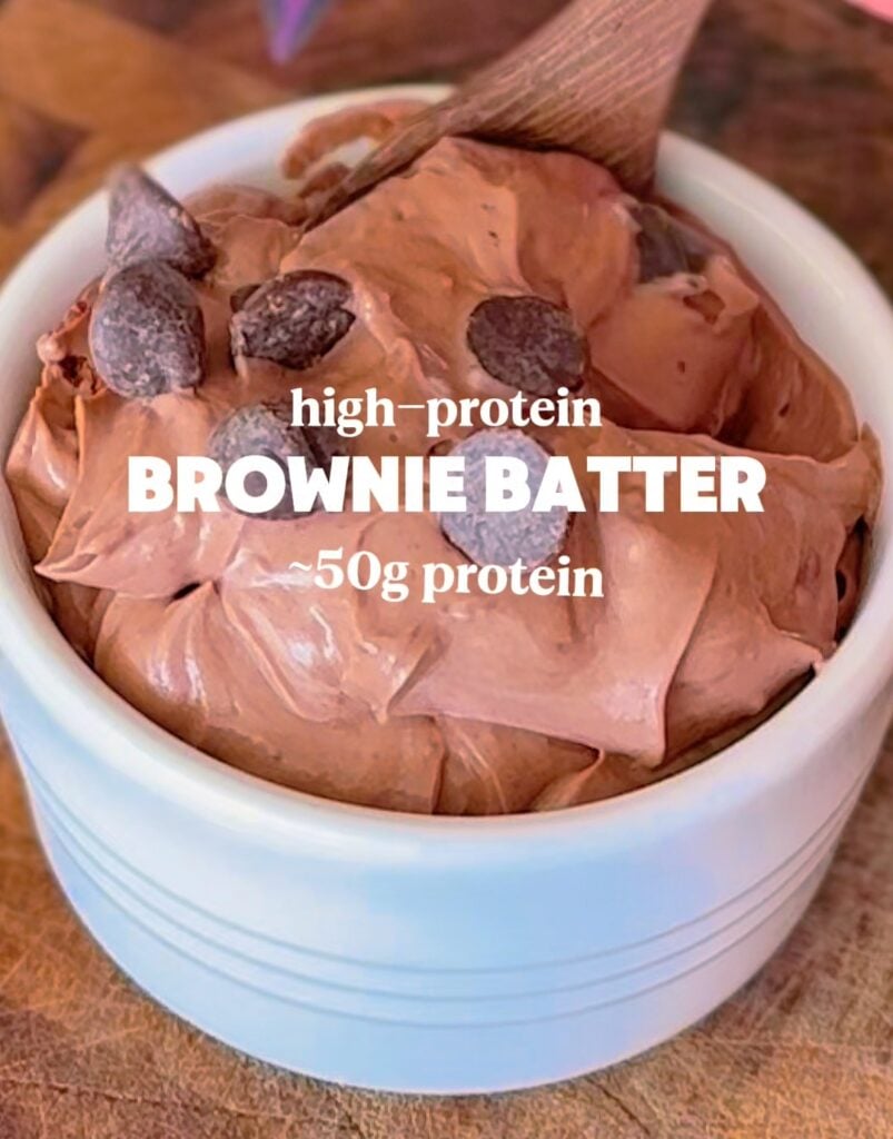 High protein brownie batter in a bowl topped with chocolate chips
