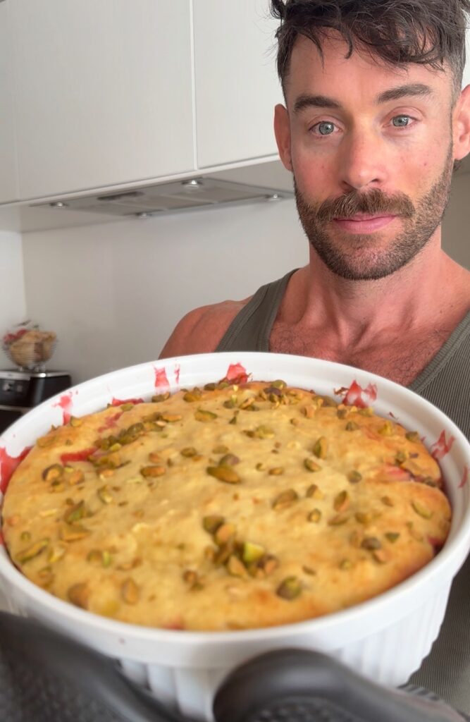 High protein dump cake baked and served in a baking dish