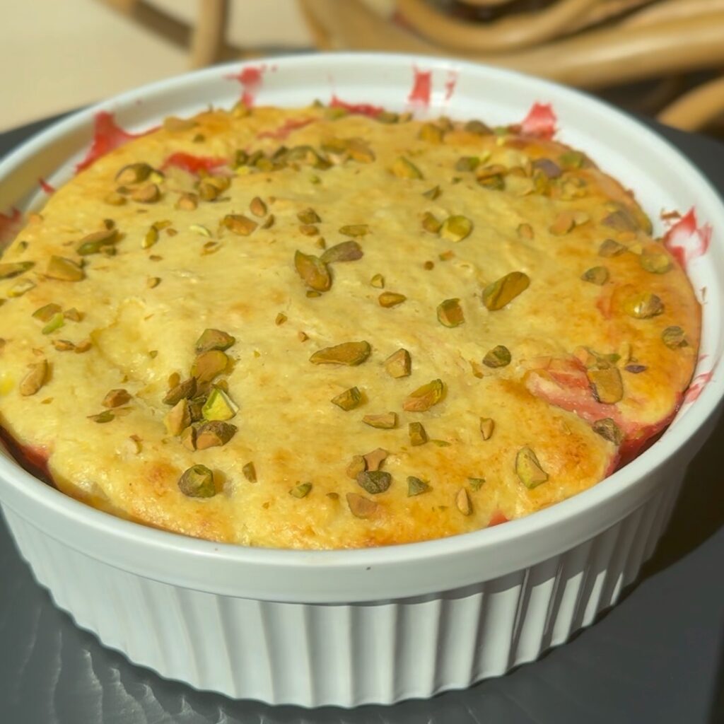 High protein dump cake baking in the oven