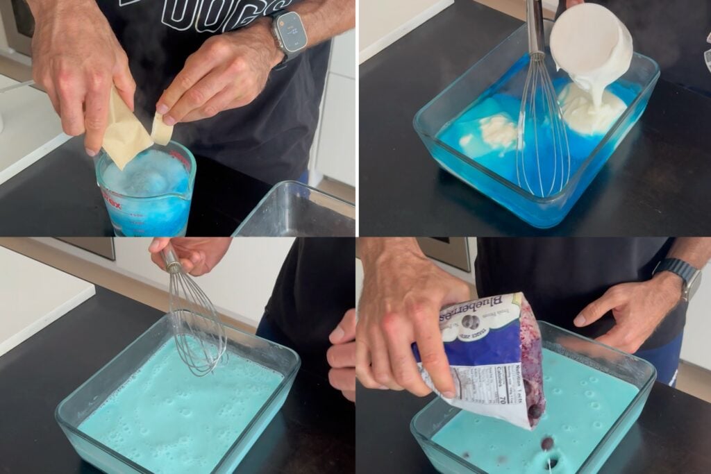 Mixing blue raspberry protein fluff with Greek yogurt