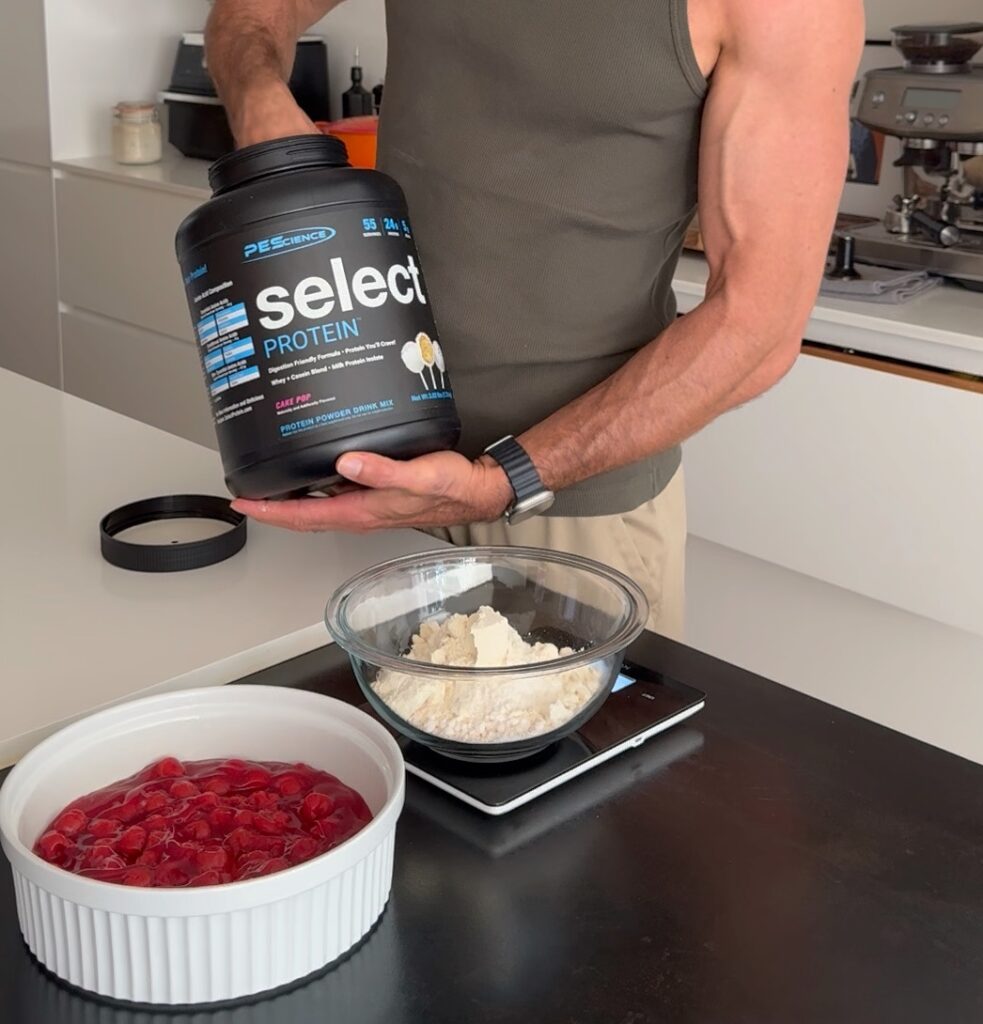 Protein powder added to dump cake mixture before baking