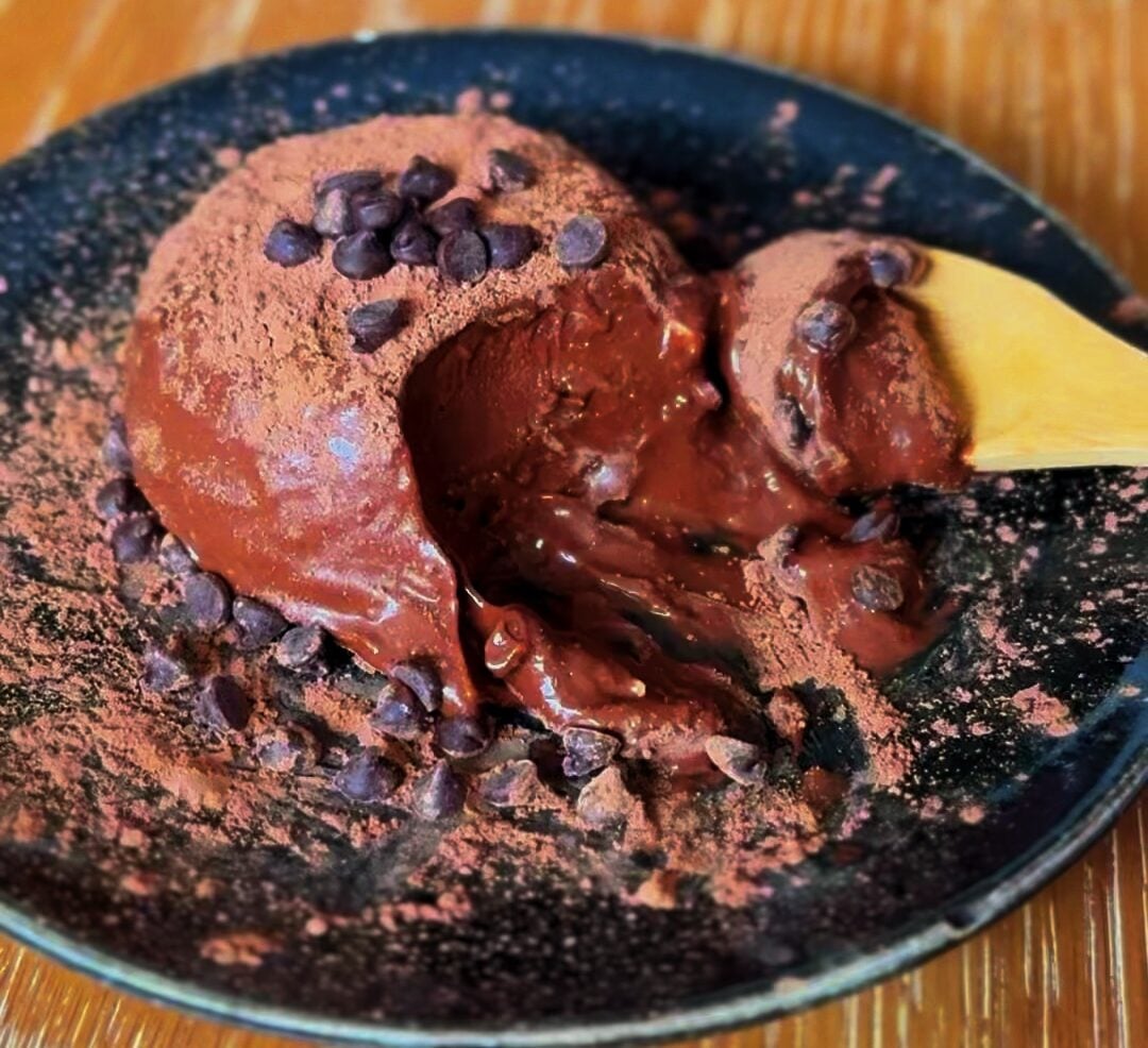 spoon scooping chocolate cottage cheese semifreddo