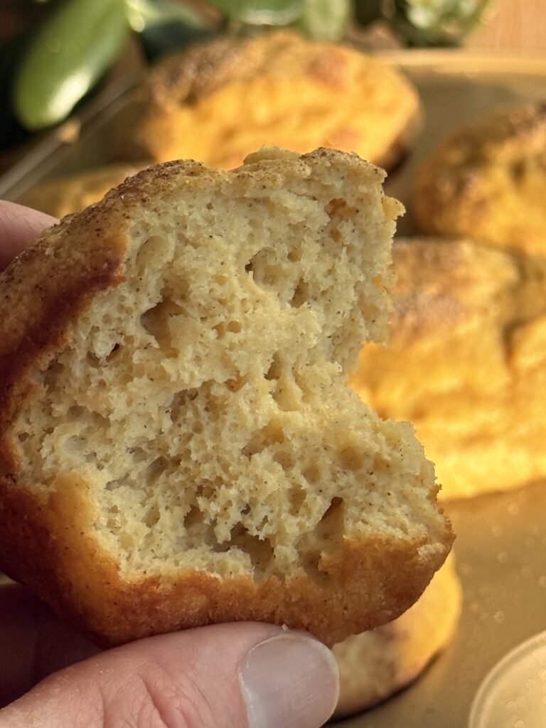 Inside of a high protein snickerdoodle muffin showing soft crumb
