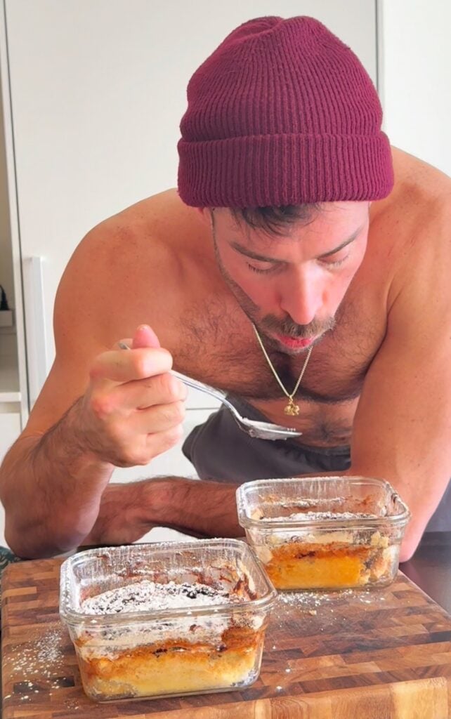 Jacob eating Blueberry High Protein Baked Pancake