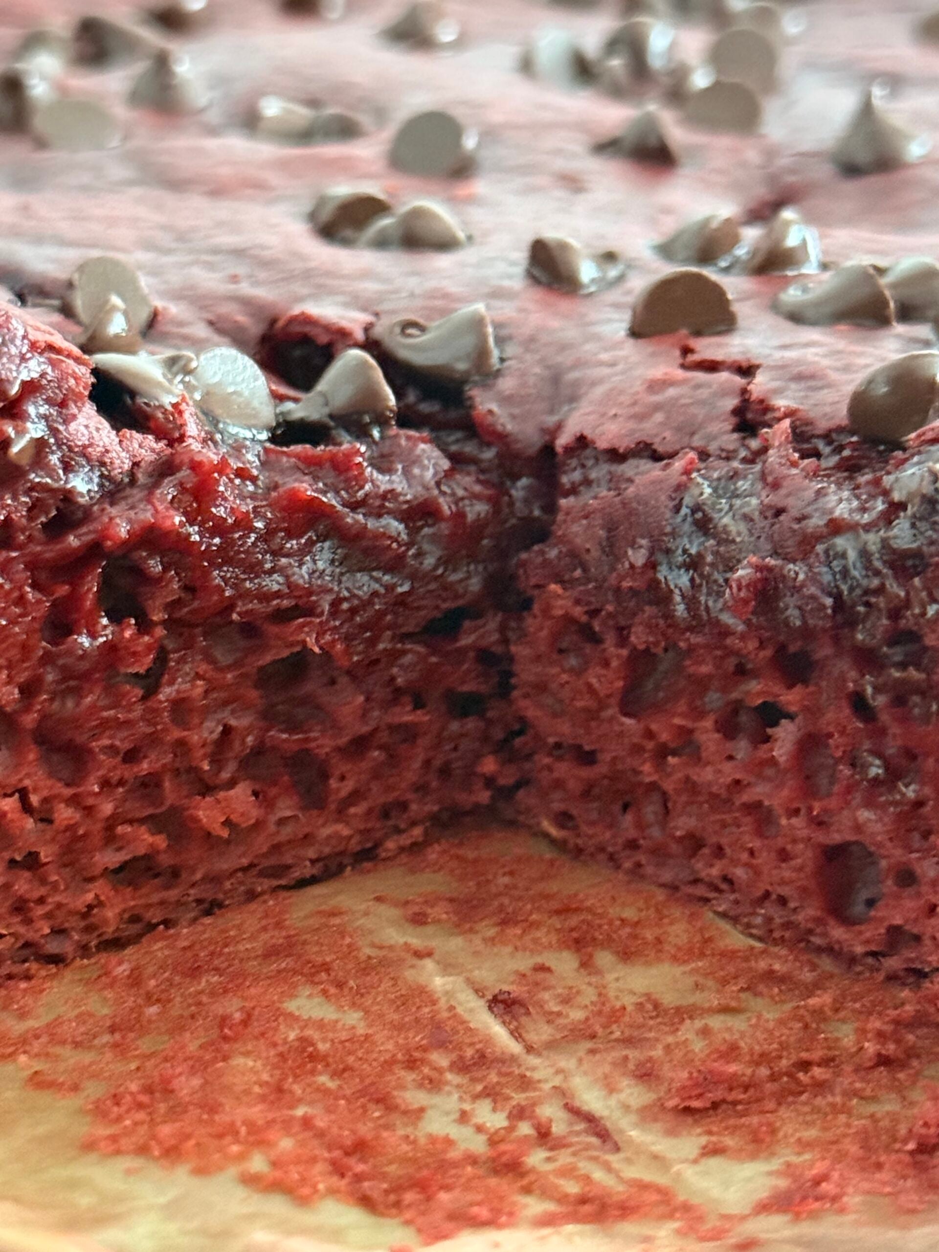 close up of red velvet protein brownie