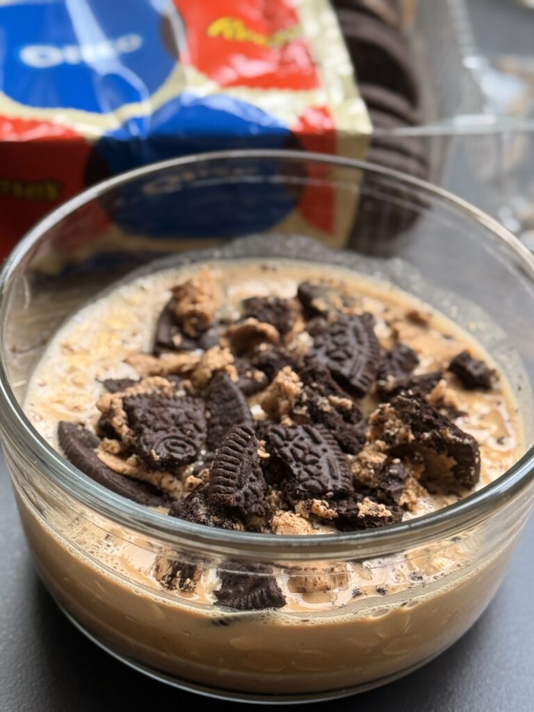 close up of Reese's and Oreo Overnight Oats Finished