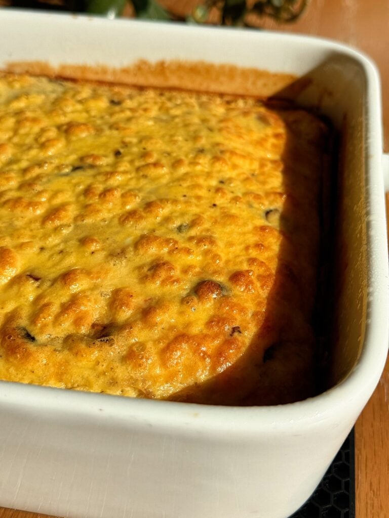 High protein cheese egg casserole baked in a casserole dish finsihed