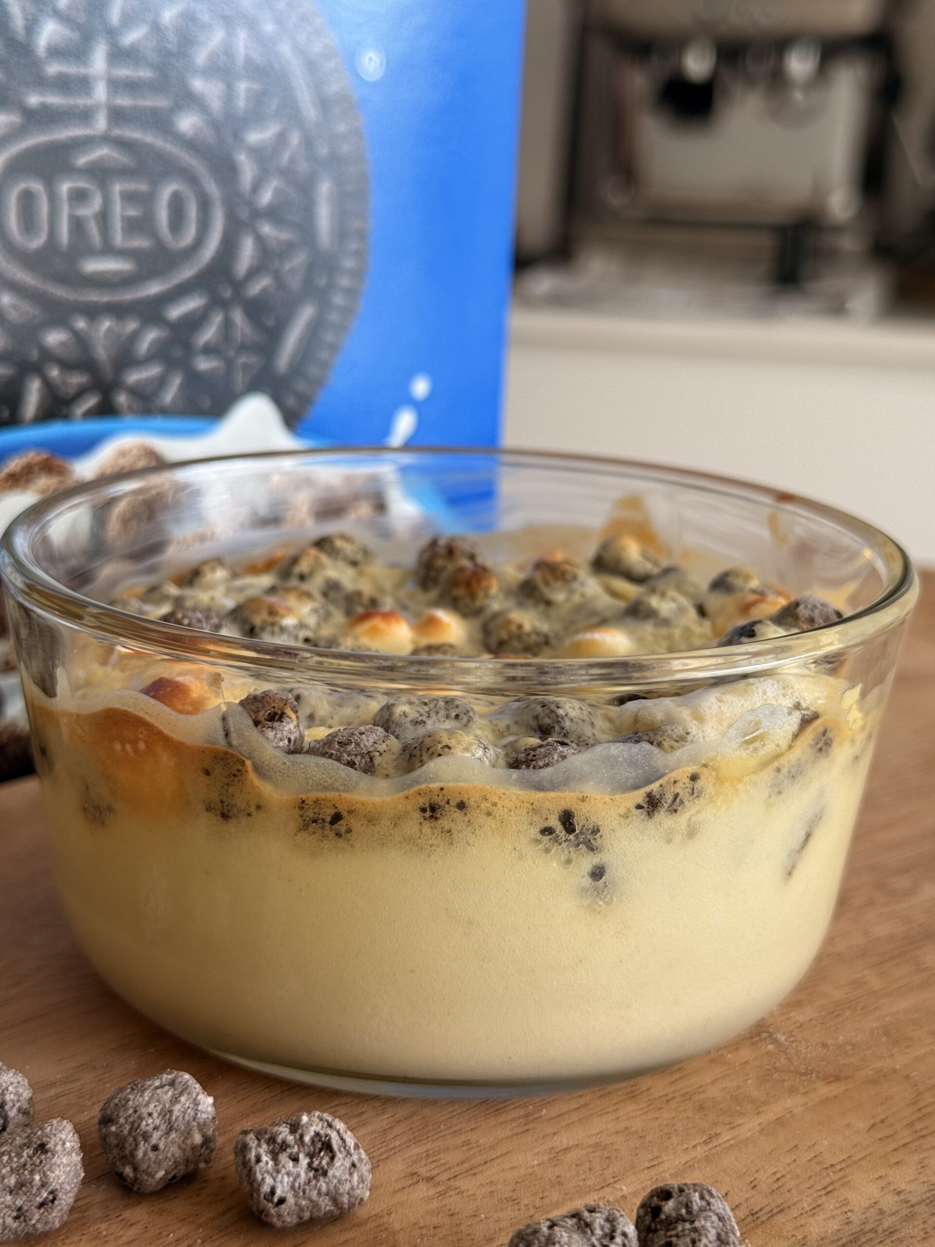 Finished Cheesecake with Oreo Puffs Box in Background