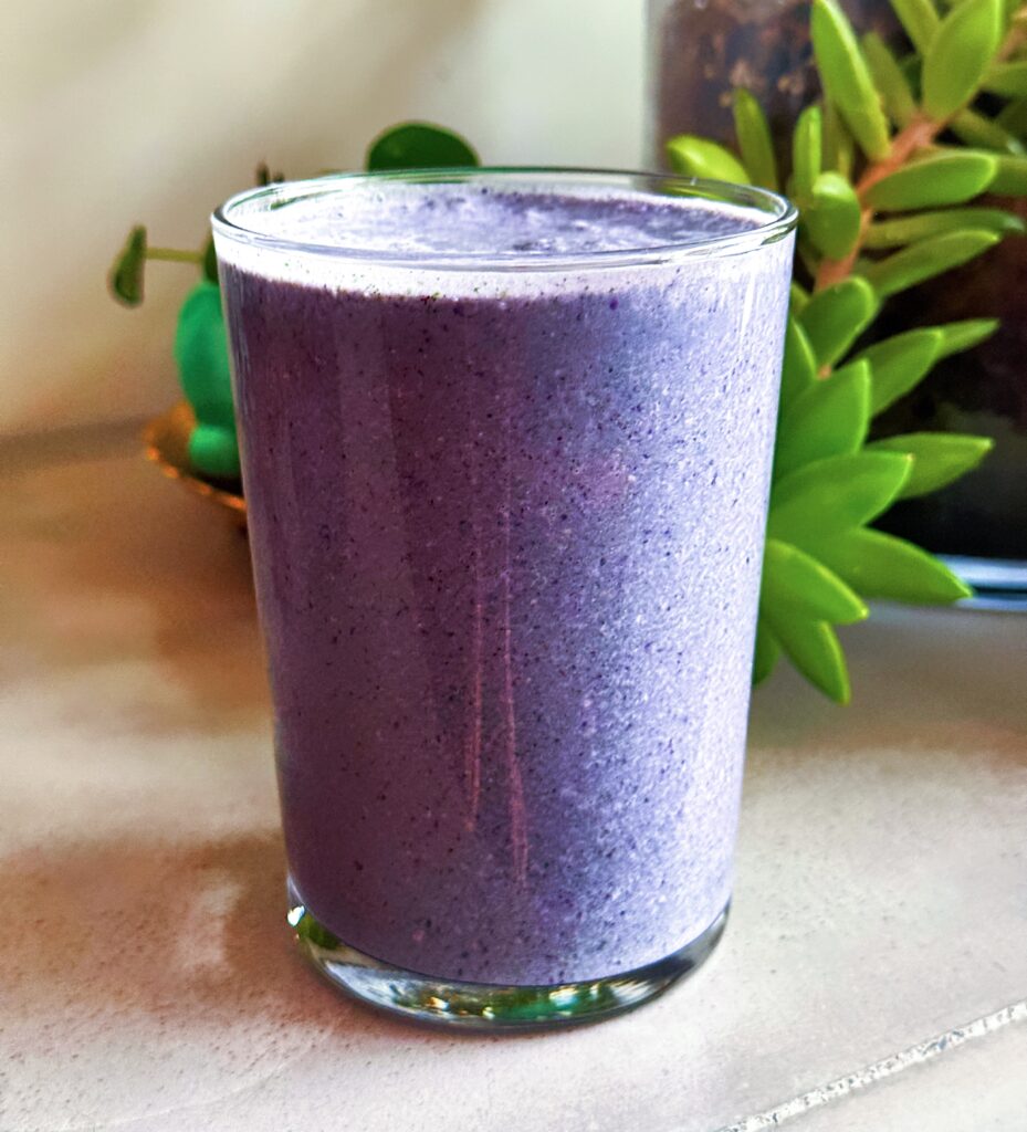 High fiber blueberry spinach smoothie blended until thick and creamy