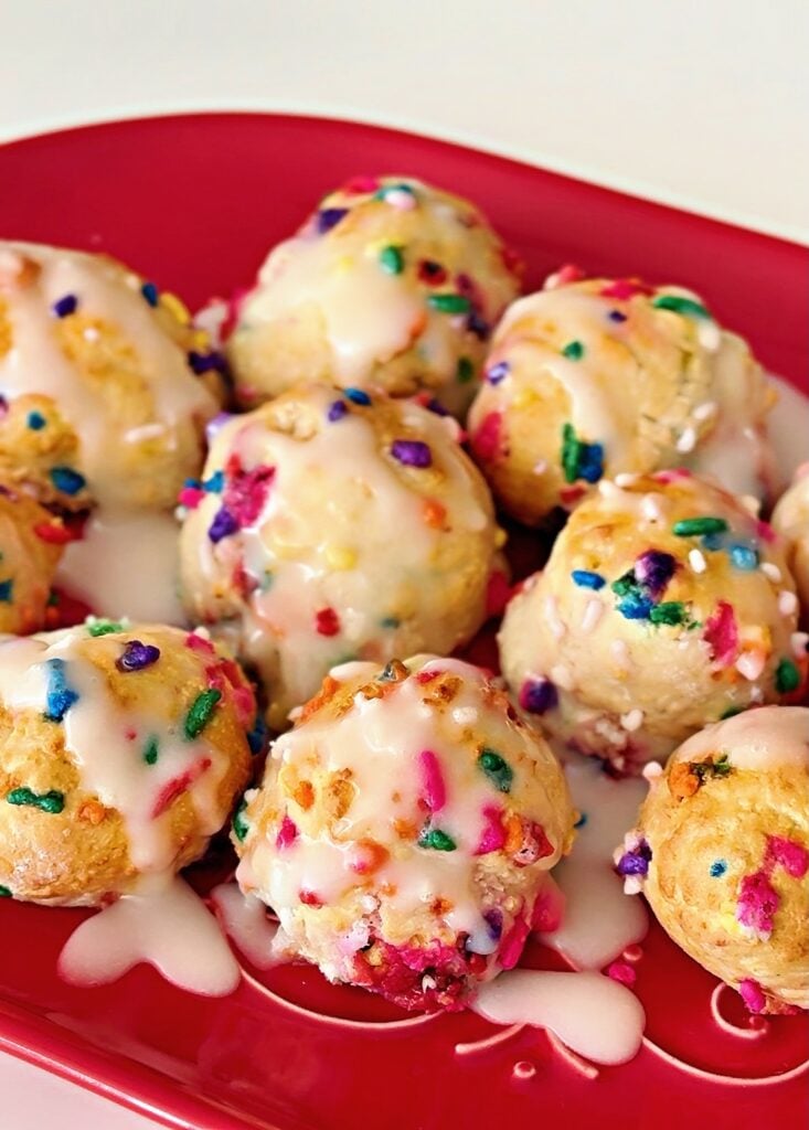 High protein birthday cake donut holes made in the air fryer with colorful sprinkles