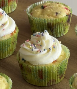 High Protein Funfetti Cupcake pipped