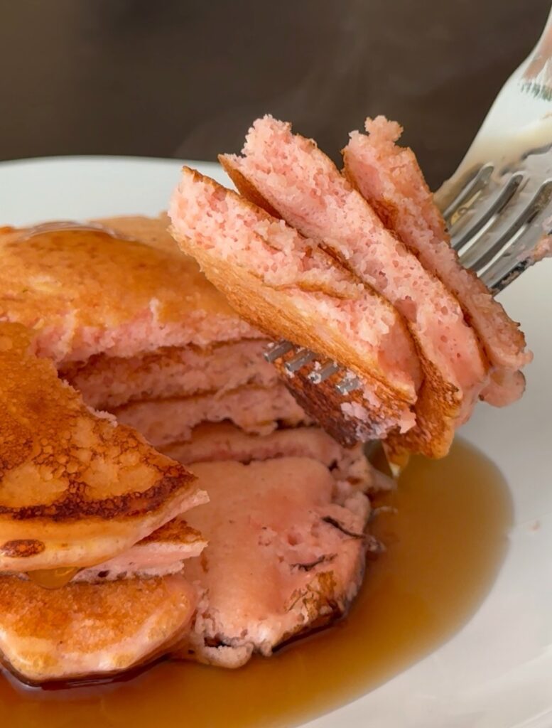High Protein Strawberry Pancakes on a Fork