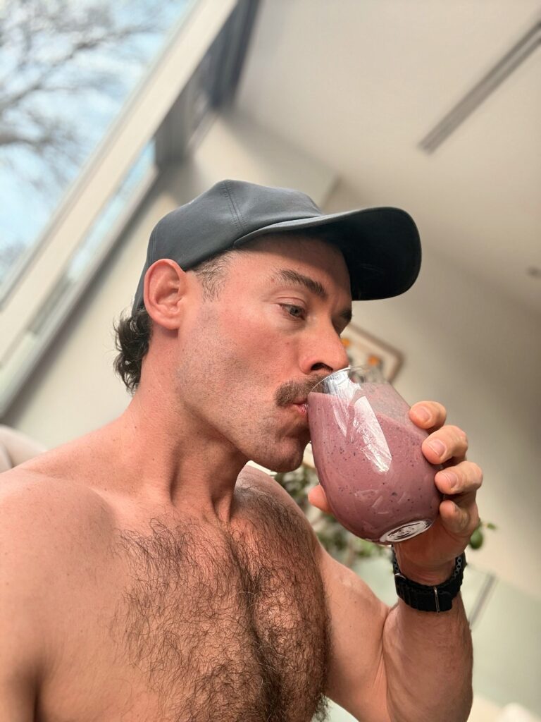 jacob drinking Peanut Butter Jelly Protein Latte