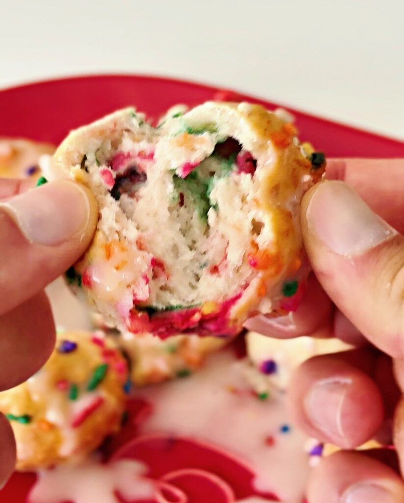 Plated birthday cake donut holes made with protein powder