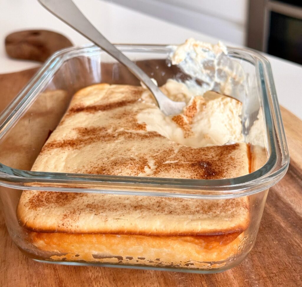High Protein Snickerdoodle Cheesecake Glass Dish with Spoon