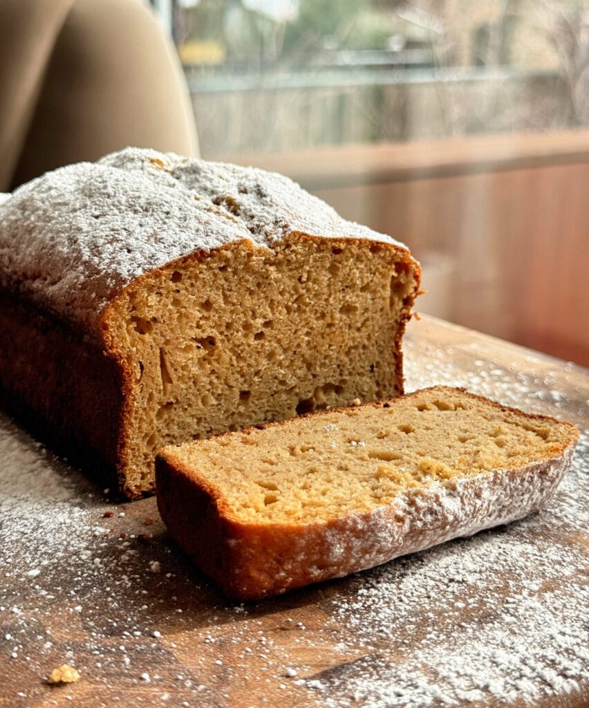 Slices of moist cinnamon protein pound cake showing the dense applesauce-based crumb.