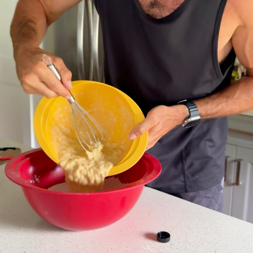 adding wet to dry for banana cake