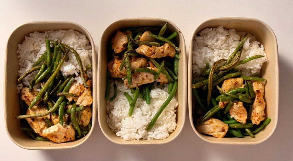 Four containers with chicken and rice